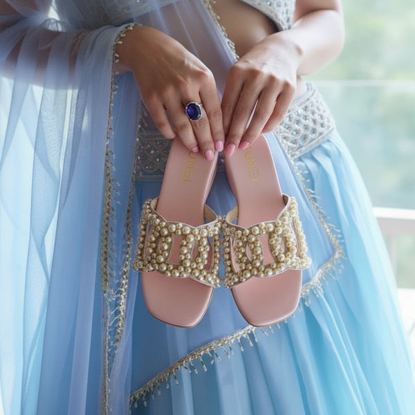 Salmon Pink Pearl Motif Wedges